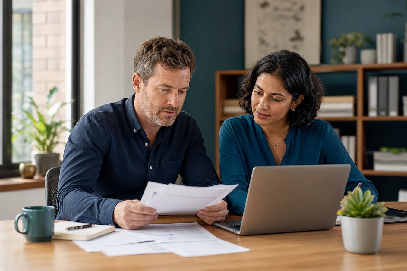 Two business leaders reviewing existing finance documents